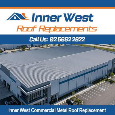 Aerial view of commercial metal roof replacement in Inner West for large warehouse building