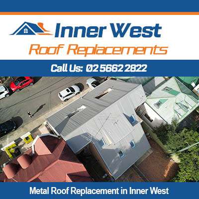 Aerial view of metal roof replacement in Inner West for residential home with light grey roofing